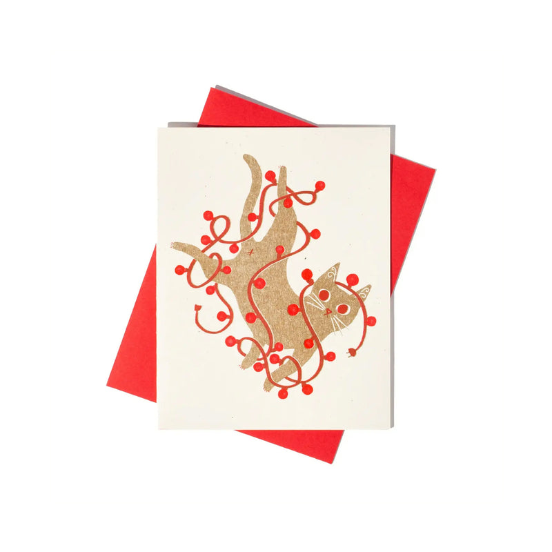Bromstad Printing Co. Tangled String Lights Cat - Risograph Holiday Card