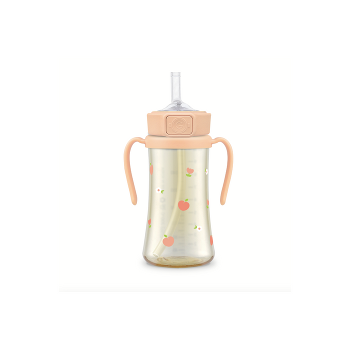 PPSU Peach Flower Straw Cup With Steel Free One Touch Cap (Rose Coral)