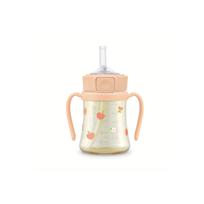 PPSU Peach Flower Straw Cup With Steel Free One Touch Cap (Rose Coral)