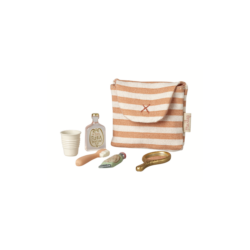 Maileg Tooth brush set in bag, Mouse - Coral stripe
