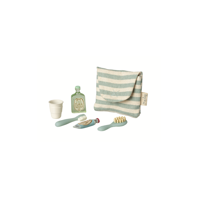 Maileg Tooth brush set in bag, Mouse - Blue stripe
