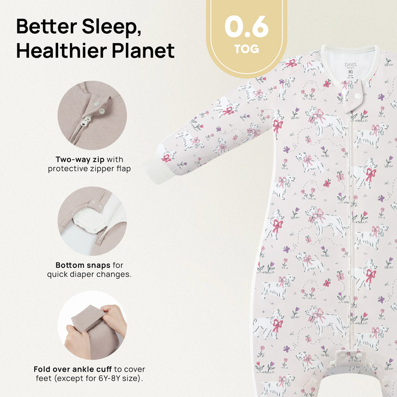 Bamboo Long Sleeve Footed Sleep Bag | 0.6 TOG - Doggie Meadow