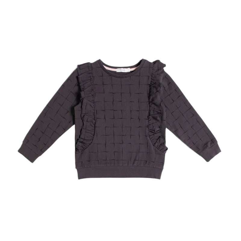 Grid Print on Charcoal Ruffle Top