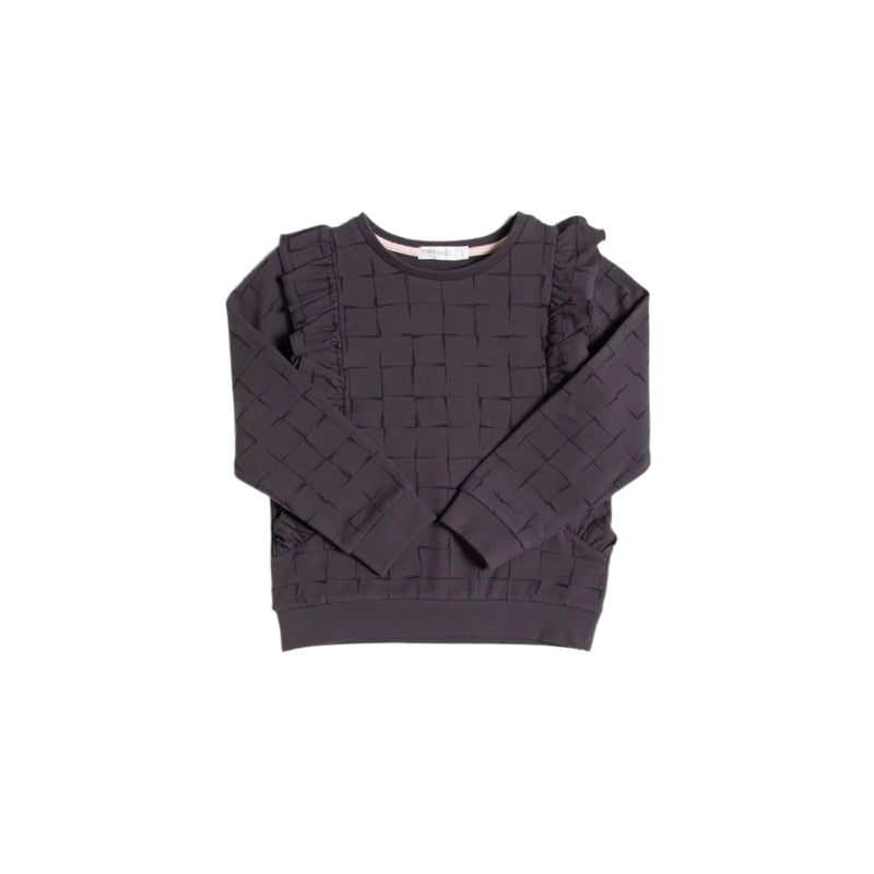 Grid Print on Charcoal Ruffle Top