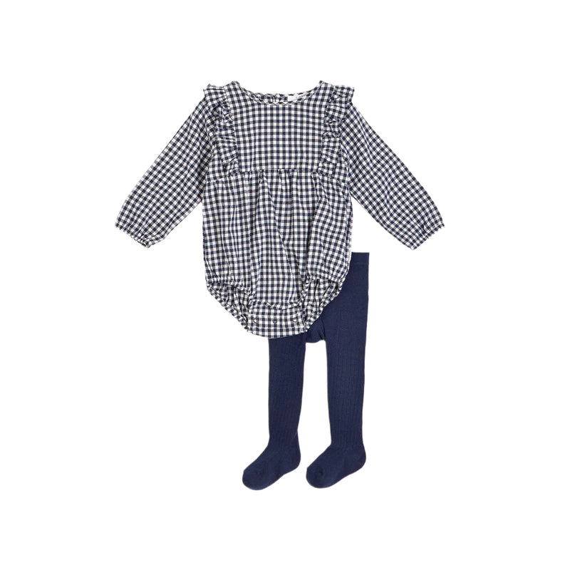 Petit Lem Navy Gingham Print Brushed Twill Romper with Tights (2 pcs)