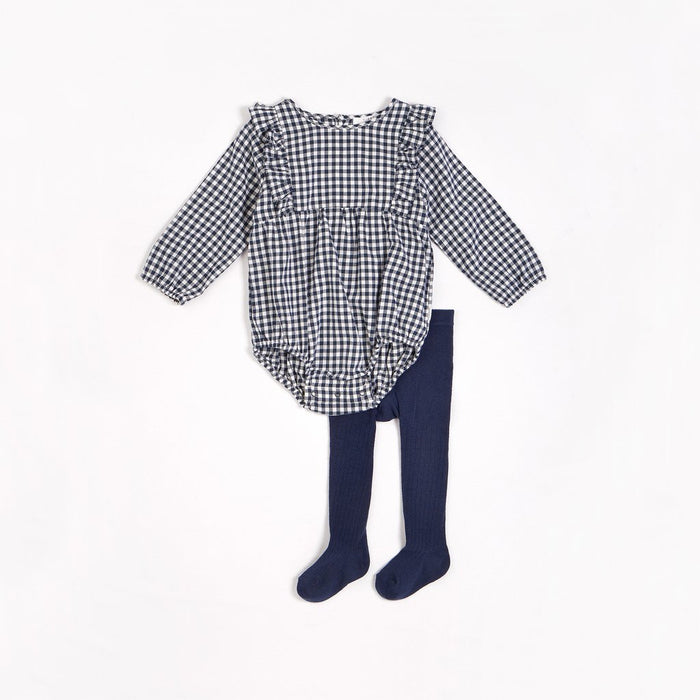 Navy Gingham Print Brushed Twill Romper with Tights (2 pcs.)