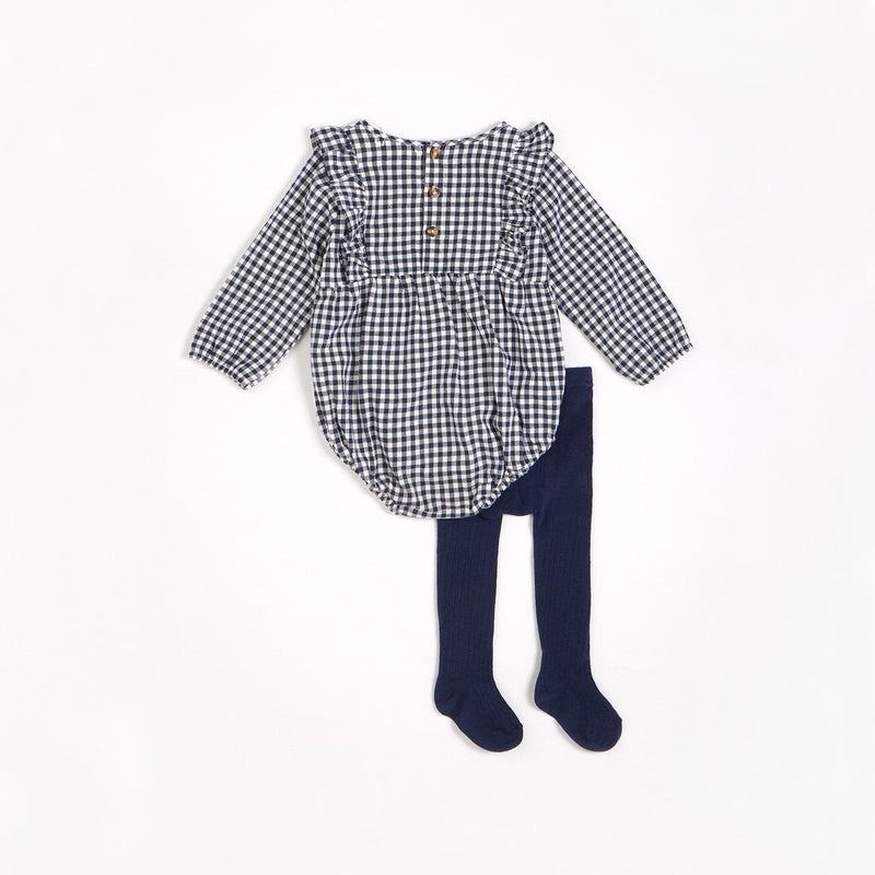 Petit Lem Navy Gingham Print Brushed Twill Romper with Tights (2 pcs)