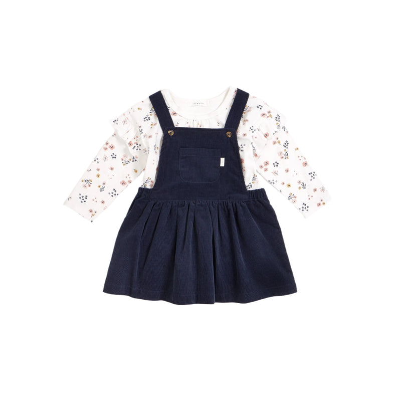 Petit Lem Navy Mini-Cord Overalls Dress Set with Floral Print Top (2 pcs)