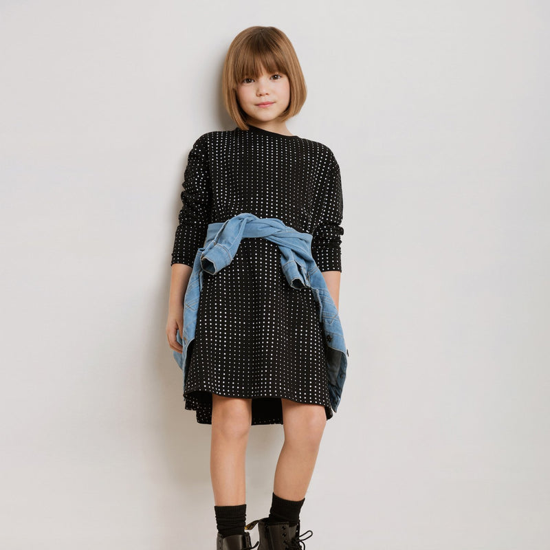 MIDI Dots Printed on Black Sweatshirt Dress