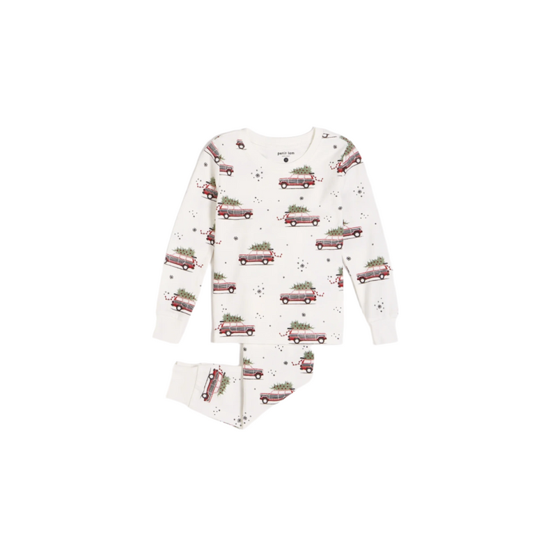 Petit Lem Festive Car Print on Off-White PJ Set (2 pcs)